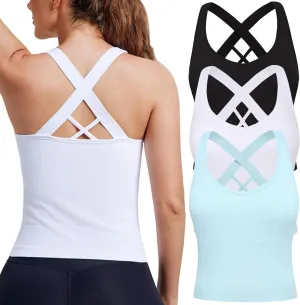 Evercute Workout Yoga Crop Tank Tops for Women 1/2/3 Pack Criss Cross Strappy Tops with Built in Bra Ribbed Seamless Tanks
