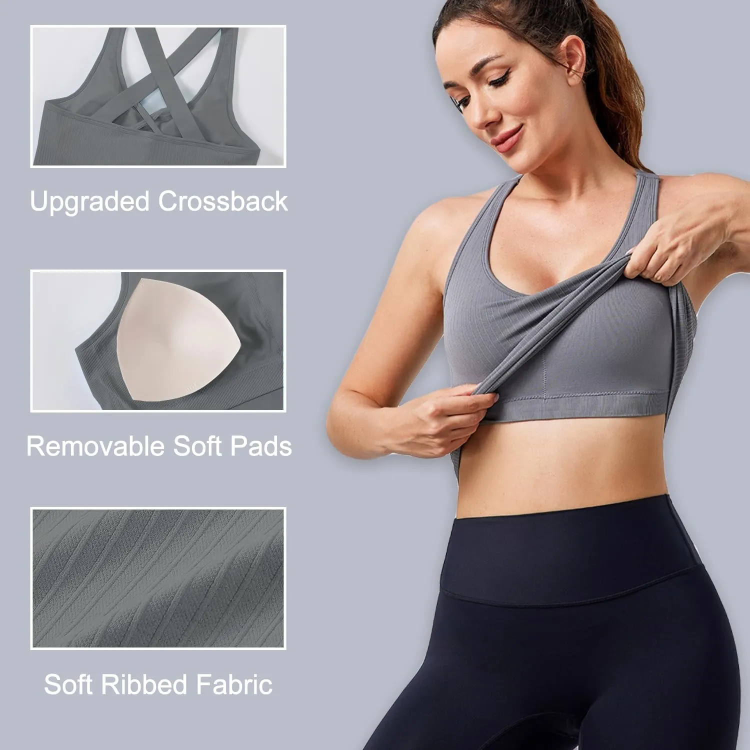 Evercute Workout Yoga Crop Tank Tops for Women 1/2/3 Pack Criss Cross Strappy Tops with Built in Bra Ribbed Seamless Tanks
