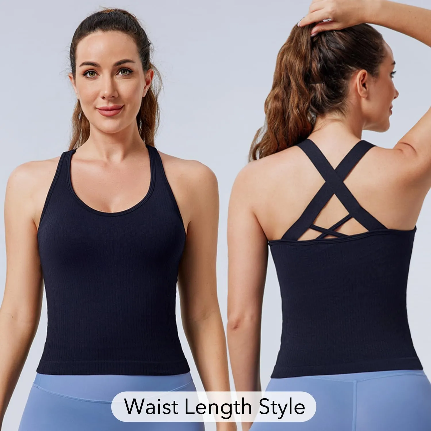 Evercute Workout Yoga Crop Tank Tops for Women 1/2/3 Pack Criss Cross Strappy Tops with Built in Bra Ribbed Seamless Tanks