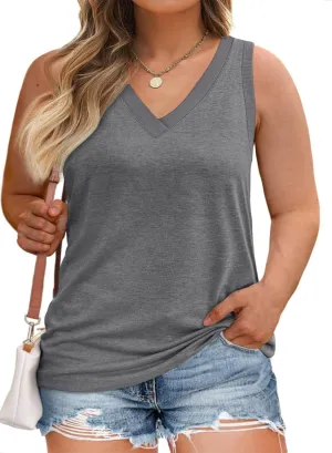 Eytino Womens Plus Size Tank Tops Summer Casual V Neck Sleeveless Tops Solid Shirts(1X-5X)