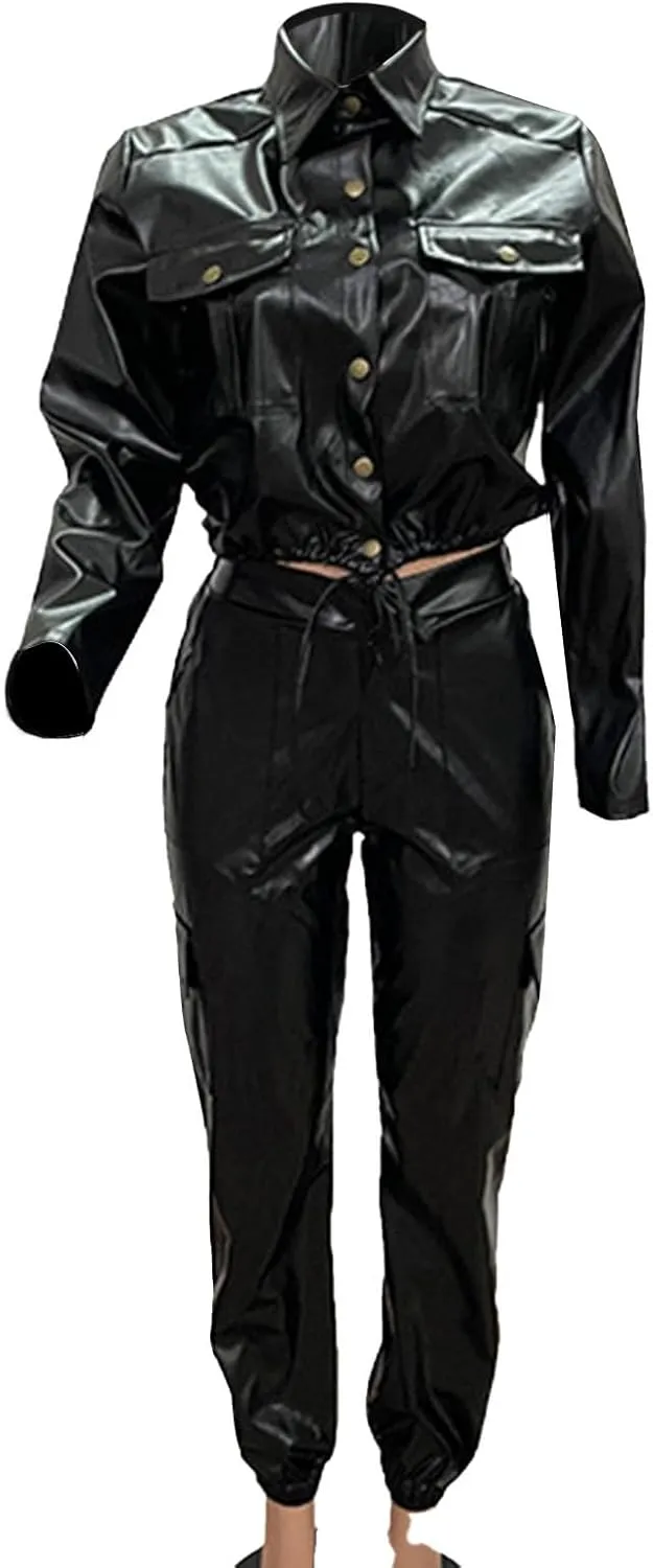 Fashion Outfits for Women Two Piece Faux Leather Matching Sets Cropped Long Sleeve Moto Jackets & Cargo Pants