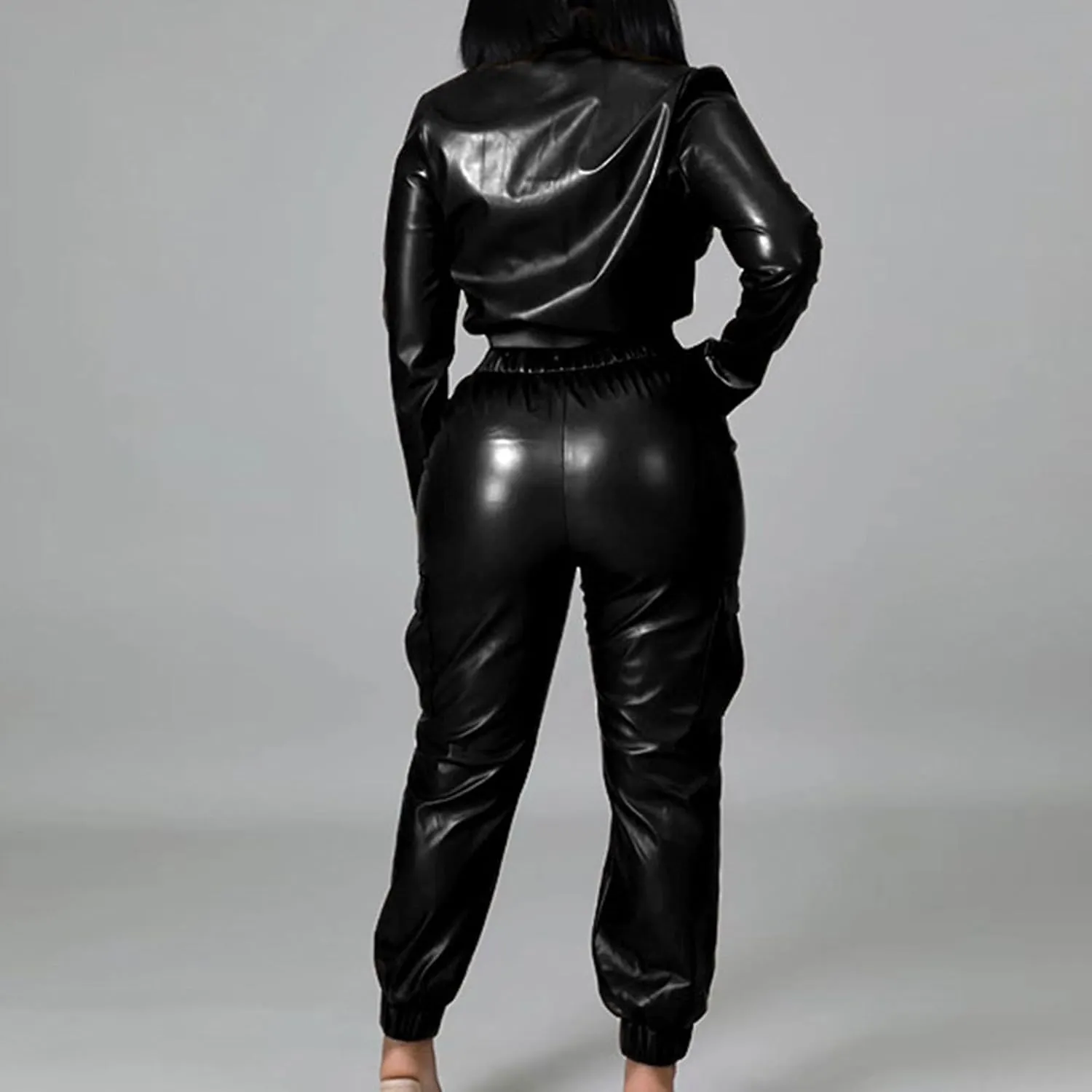 Fashion Outfits for Women Two Piece Faux Leather Matching Sets Cropped Long Sleeve Moto Jackets & Cargo Pants