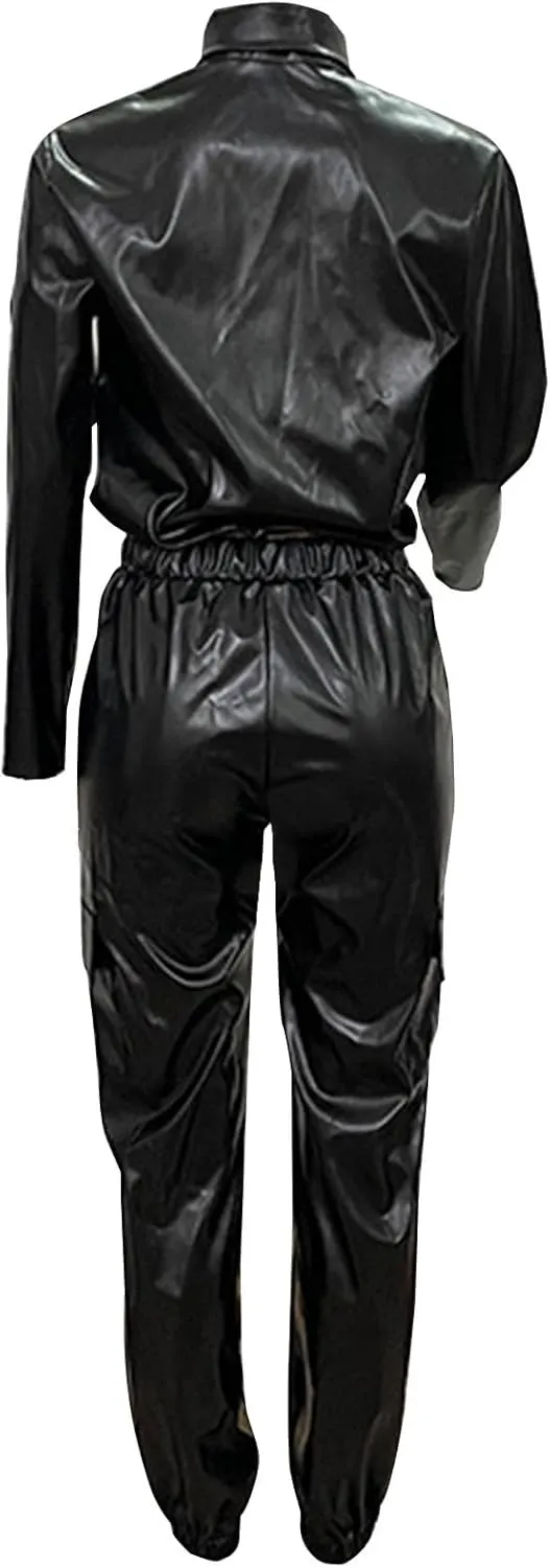 Fashion Outfits for Women Two Piece Faux Leather Matching Sets Cropped Long Sleeve Moto Jackets & Cargo Pants