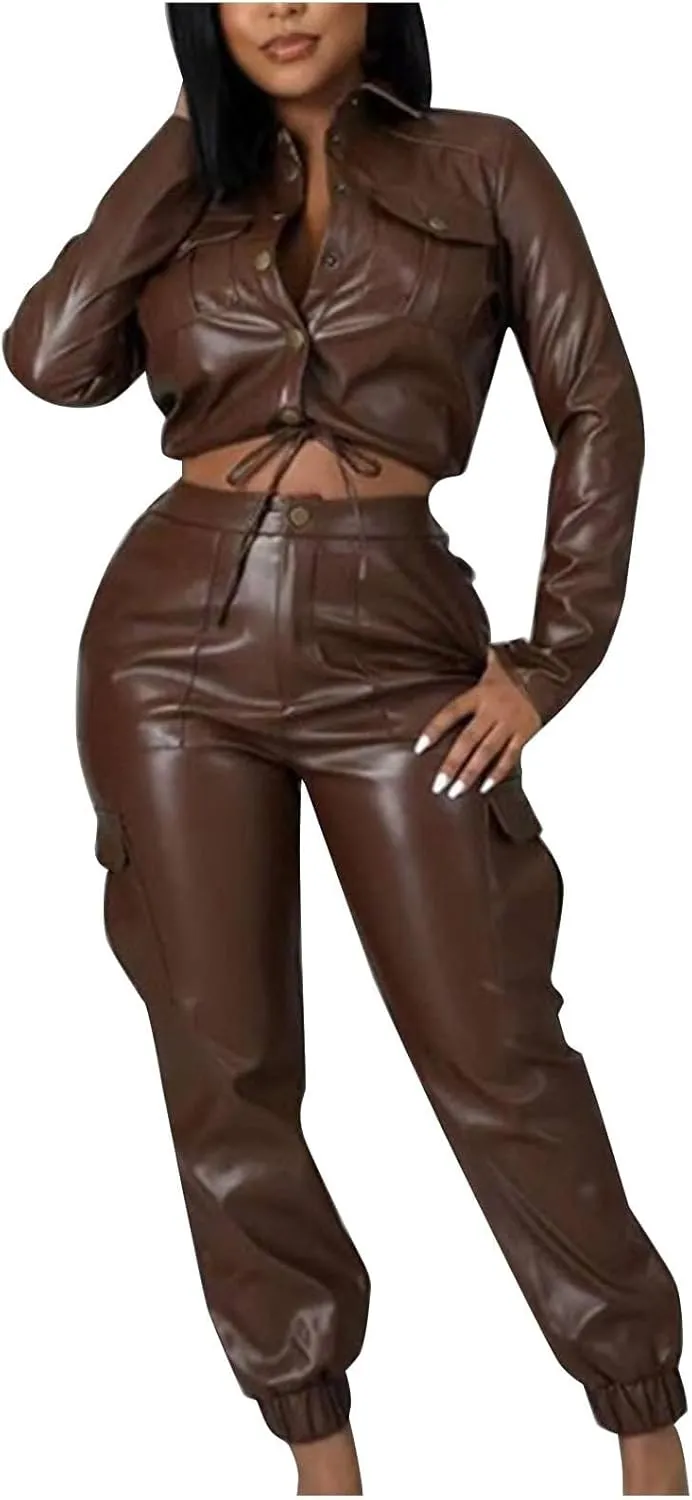 Fashion Outfits for Women Two Piece Faux Leather Matching Sets Cropped Long Sleeve Moto Jackets & Cargo Pants