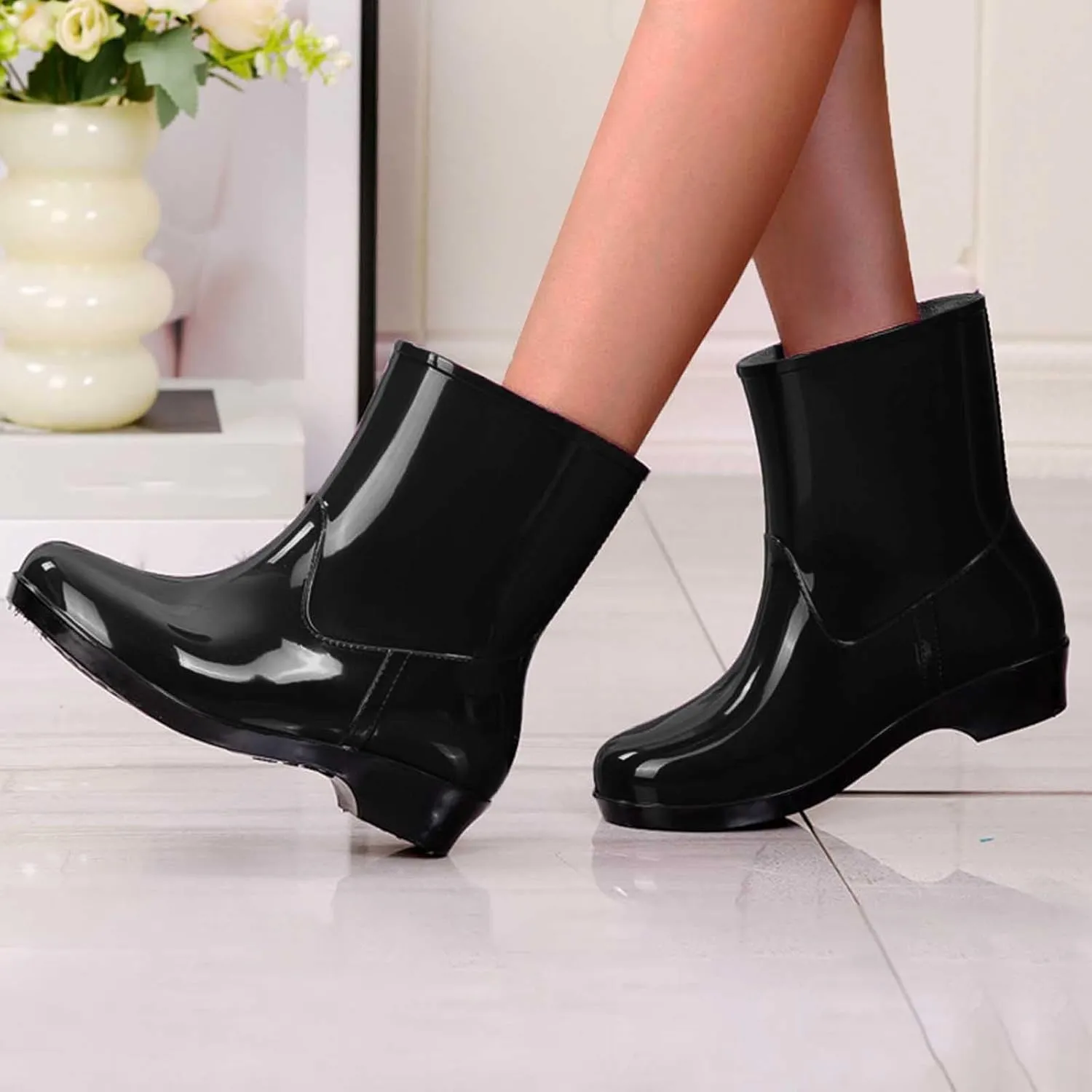 Fashion Rain Boots for Women PVC Durable Waterproof Shoes Comfort Non-Slip Mid Calf Garden Boot Cute Chelsea Booties
