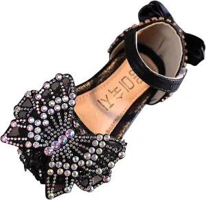Fashion Summer Girls Dance Shoes Princess Dress Performance Shoes Silk Bow Rhinestone Mesh Snow Boots for Infant Girls (Black, 3-3.5 Years Toddler)