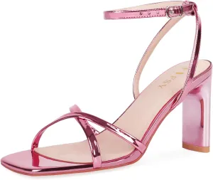 FIFSY Women's Sandals Ankle Strap High Heel Sexy Strappy Sandals Open Toe Heels 3 in Inch Square Toe Heeled Pumps Sandals for Women