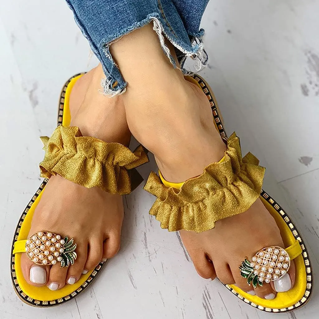 Flip Flops for Women Bohemia Bling Rhinestone Flat Sandals Lace Folds Spring Sandals Open Toe Dress Shoes