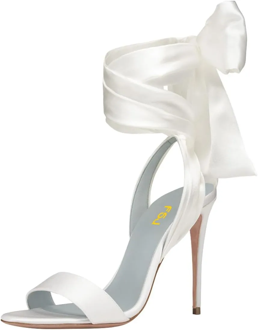 FSJ Women Open Toe Stiletto High Heel Sandals Lace-up Cute Satin Bowknot Heeled Sandals Sexy Strappy Summer Wedding Party Dress Shoes Size 4-16 US
