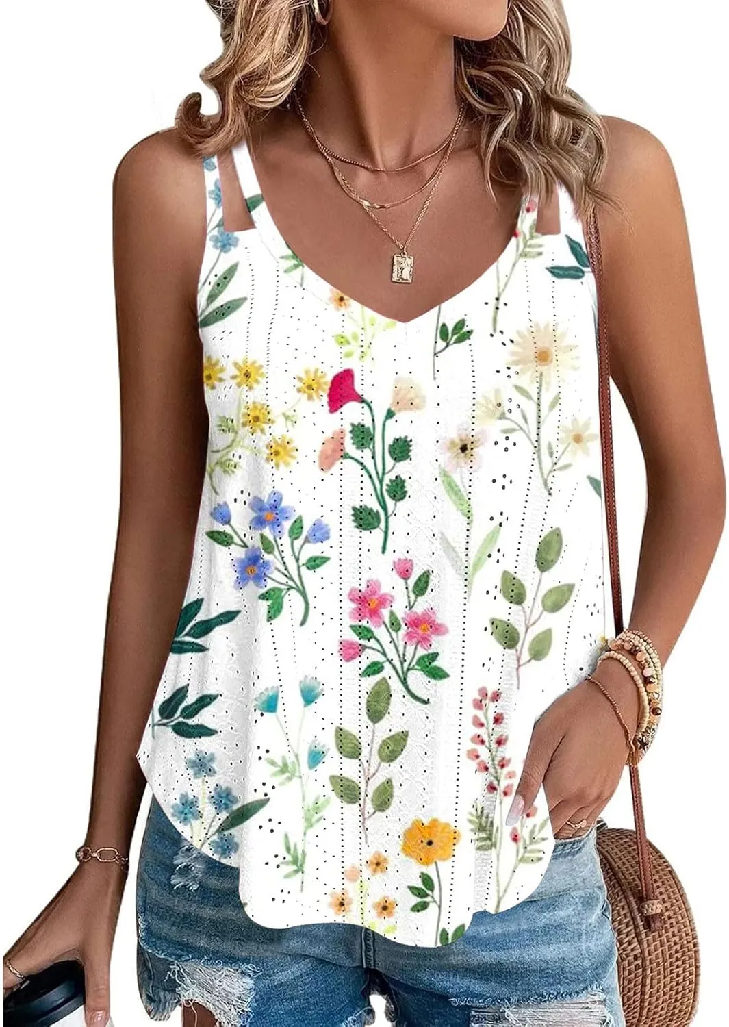 Generic 2024 Flowy Tank Tops for Women Sexy V Neck Sleeveless Spaghetti Strap Camisole Casual Summer Embroidery Eyelet Shirts