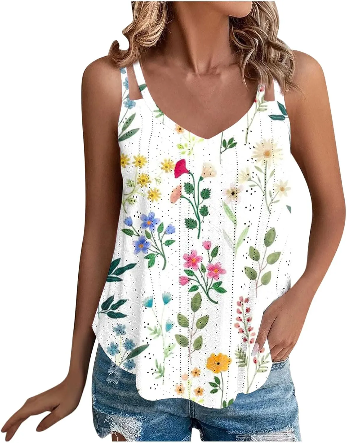 Generic 2024 Flowy Tank Tops for Women Sexy V Neck Sleeveless Spaghetti Strap Camisole Casual Summer Embroidery Eyelet Shirts