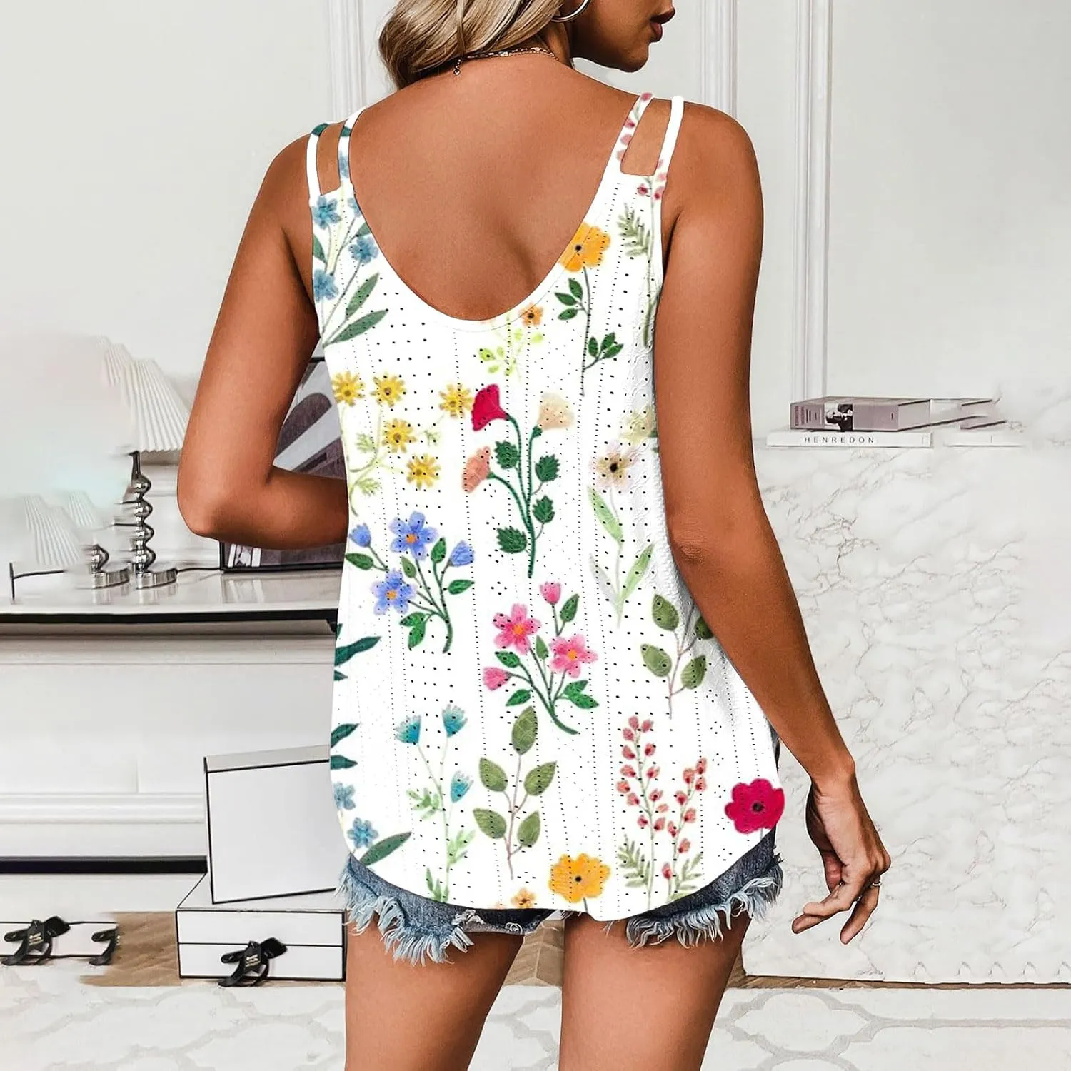 Generic 2024 Flowy Tank Tops for Women Sexy V Neck Sleeveless Spaghetti Strap Camisole Casual Summer Embroidery Eyelet Shirts