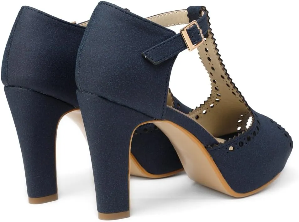 getmorebeauty Women's Vintage Heeled Sandals Suede Ankle T Straps Dress Block High Heel Sandals Women Shoes