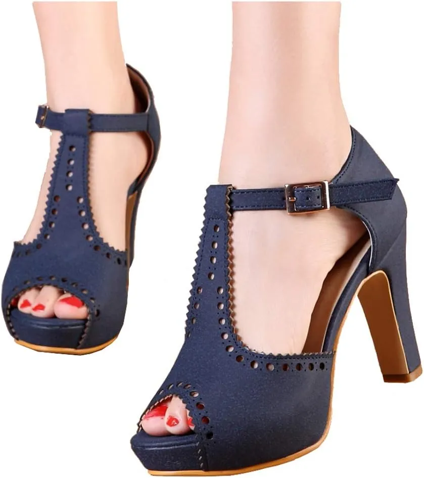 getmorebeauty Women's Vintage Heeled Sandals Suede Ankle T Straps Dress Block High Heel Sandals Women Shoes