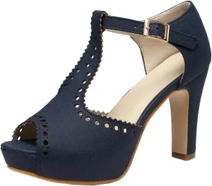 getmorebeauty Women's Vintage Heeled Sandals Suede Ankle T Straps Dress Block High Heel Sandals Women Shoes