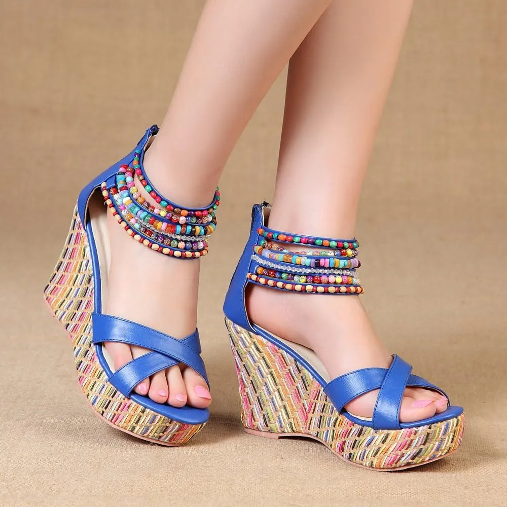 getmorebeauty Women's Wedge Sandals With Pearls Across The Top Platform Sandals High Heels
