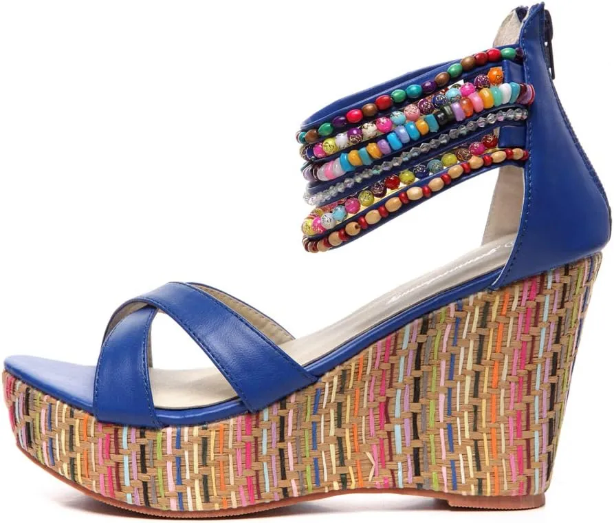 getmorebeauty Women's Wedge Sandals With Pearls Across The Top Platform Sandals High Heels