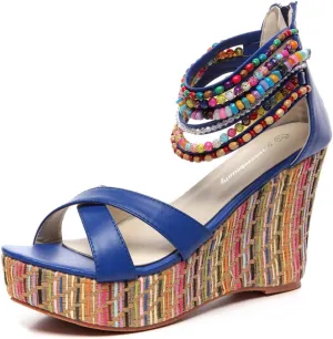 getmorebeauty Women's Wedge Sandals With Pearls Across The Top Platform Sandals High Heels