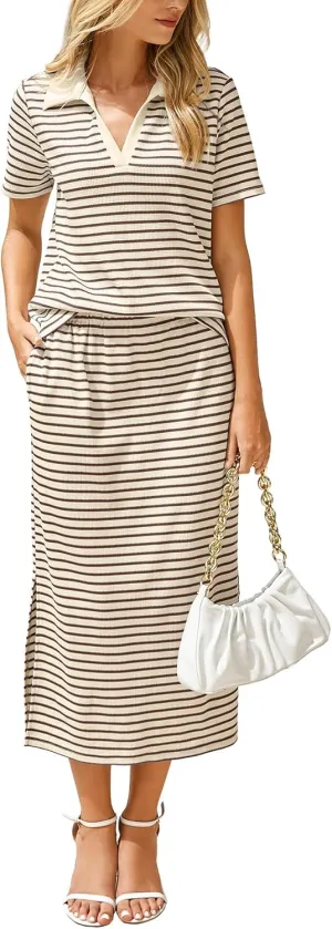 Glamaker Womens 2025 Summer Skirt Sets 2 Piece Outfits Casual Knit Striped Short Sleeve Travel Sets Clothes