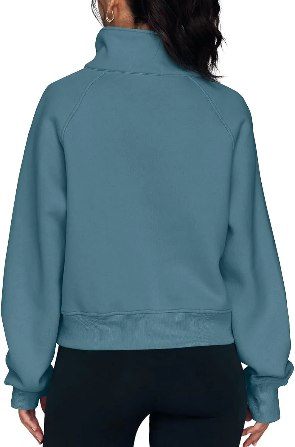 Half Zip Sweatshirt Women Fleece Thumb Hole Cropped Sweatshirts Stand Collared Loose Fit Plain Zip Up Pullover Tops