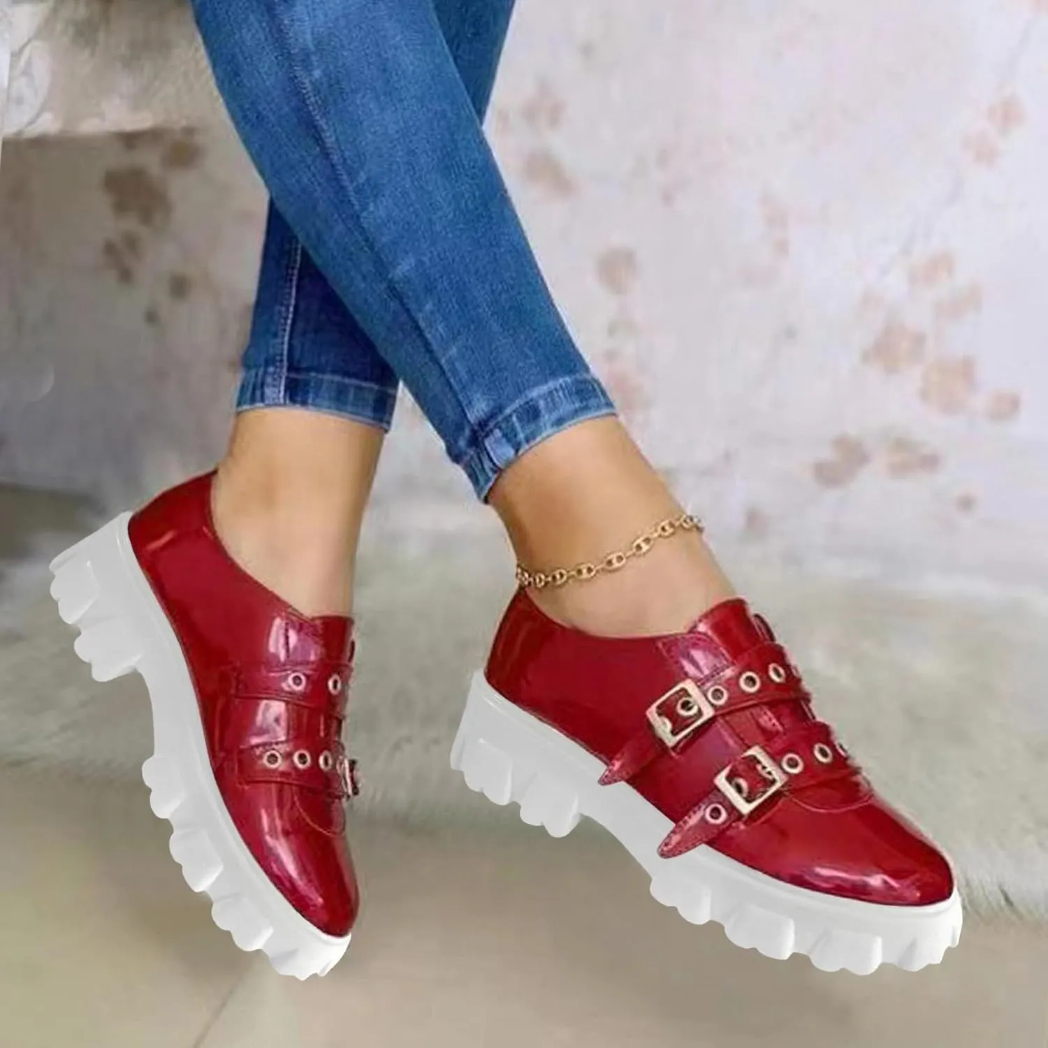 Hbeylia Platform Wedge Sneakers for Women Fashion Chunky Bottom Metal Buckle Breathable Slip On Dress Oxford Low Top Flats Walking Shoes Play Sneakers Loafers