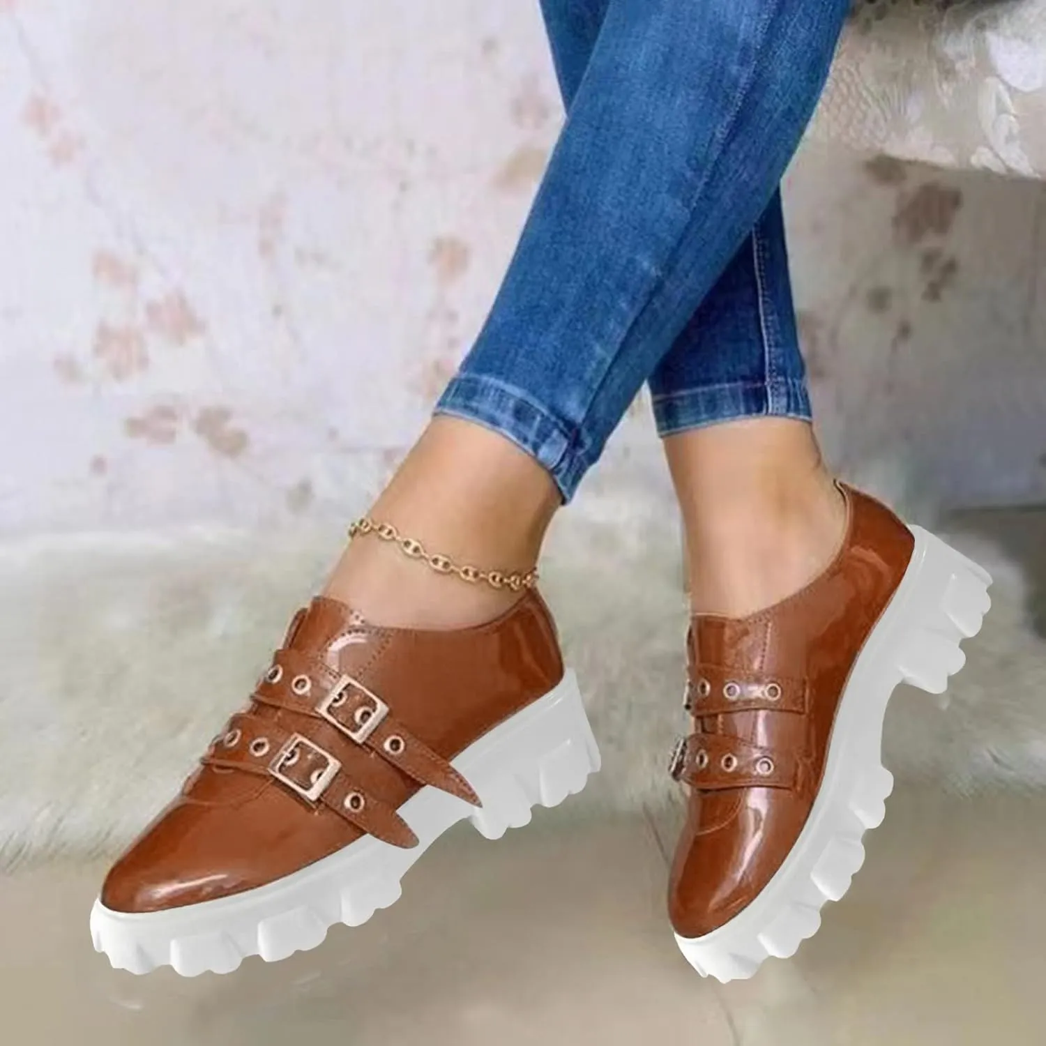 Hbeylia Platform Wedge Sneakers for Women Fashion Chunky Bottom Metal Buckle Breathable Slip On Dress Oxford Low Top Flats Walking Shoes Play Sneakers Loafers