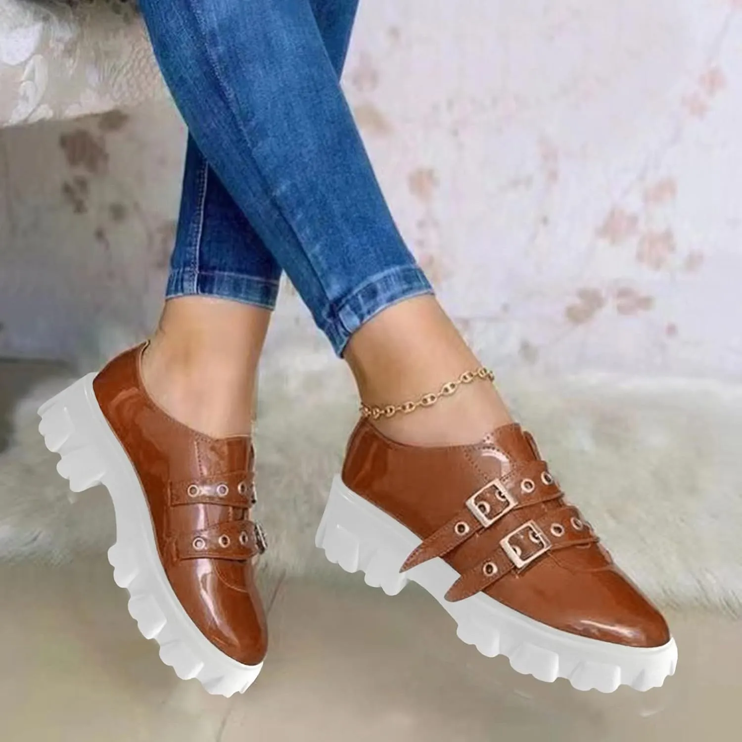 Hbeylia Platform Wedge Sneakers for Women Fashion Chunky Bottom Metal Buckle Breathable Slip On Dress Oxford Low Top Flats Walking Shoes Play Sneakers Loafers