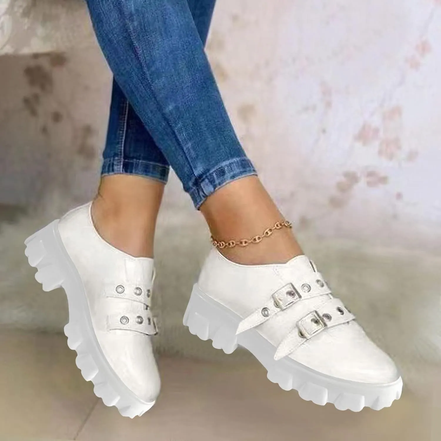 Hbeylia Platform Wedge Sneakers for Women Fashion Chunky Bottom Metal Buckle Breathable Slip On Dress Oxford Low Top Flats Walking Shoes Play Sneakers Loafers
