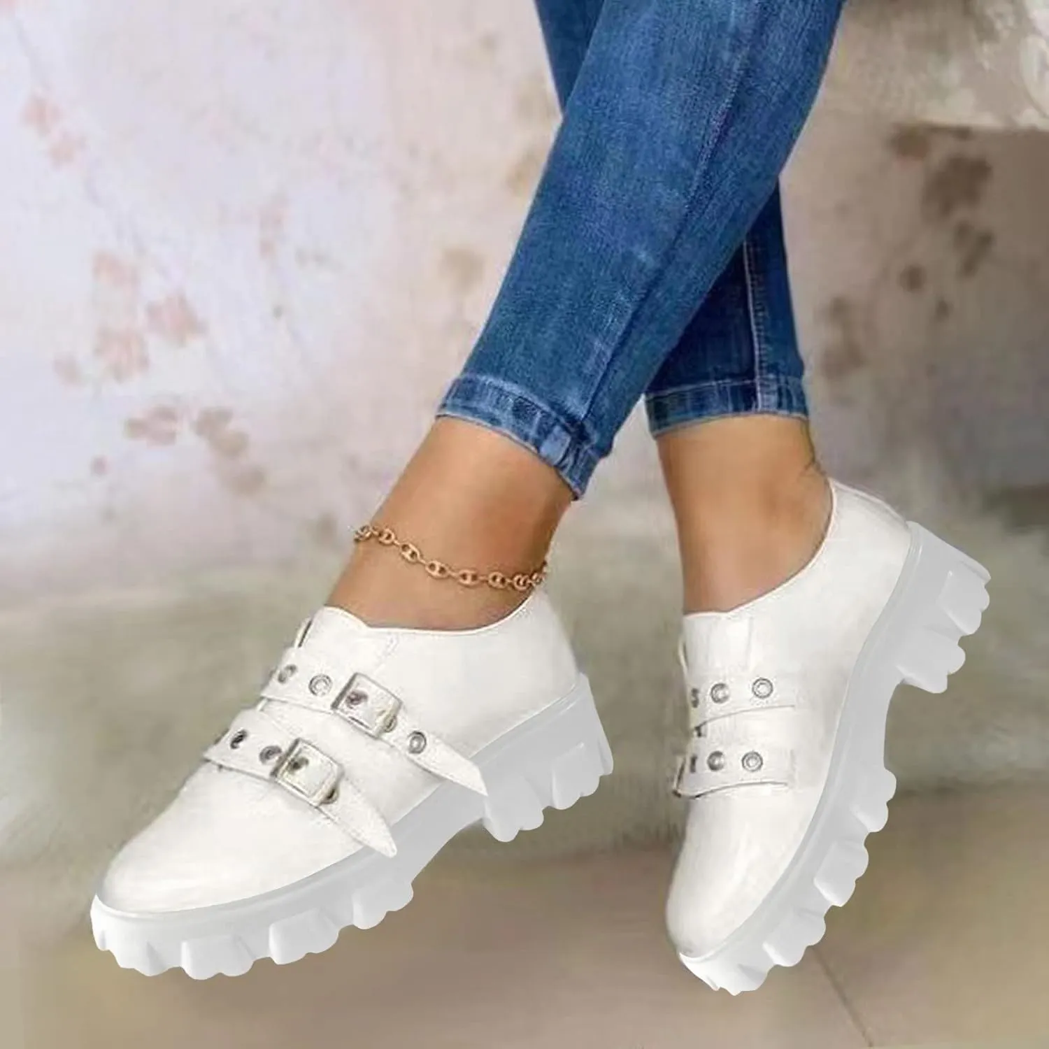 Hbeylia Platform Wedge Sneakers for Women Fashion Chunky Bottom Metal Buckle Breathable Slip On Dress Oxford Low Top Flats Walking Shoes Play Sneakers Loafers