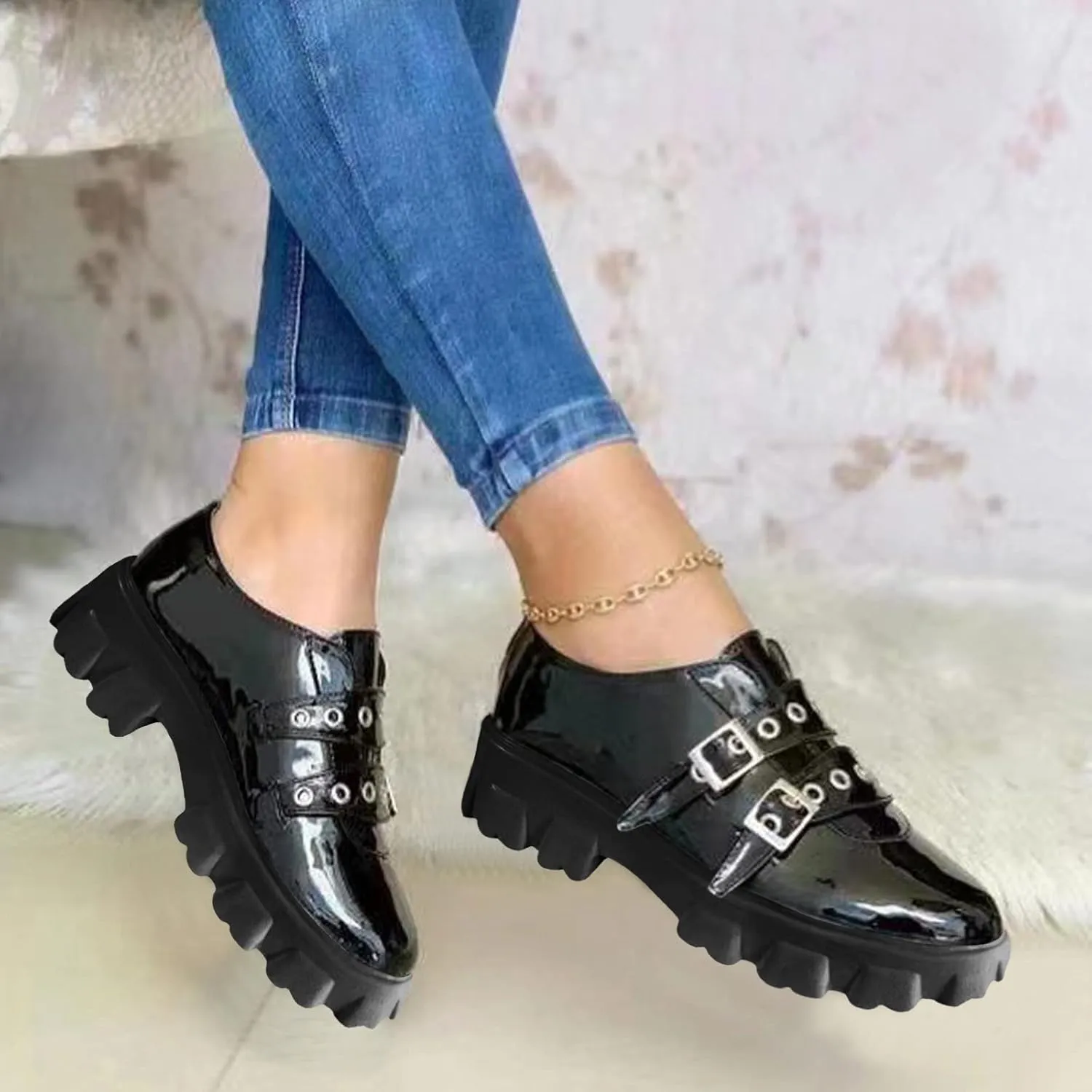 Hbeylia Platform Wedge Sneakers for Women Fashion Chunky Bottom Metal Buckle Breathable Slip On Dress Oxford Low Top Flats Walking Shoes Play Sneakers Loafers