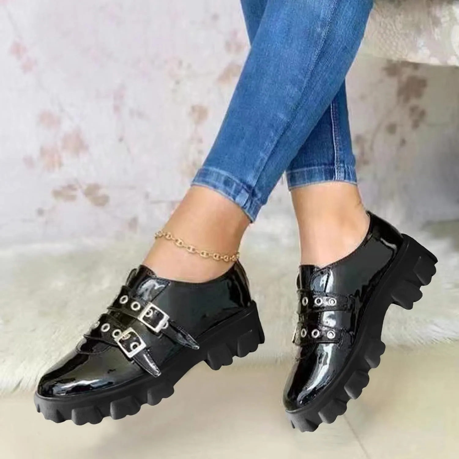 Hbeylia Platform Wedge Sneakers for Women Fashion Chunky Bottom Metal Buckle Breathable Slip On Dress Oxford Low Top Flats Walking Shoes Play Sneakers Loafers