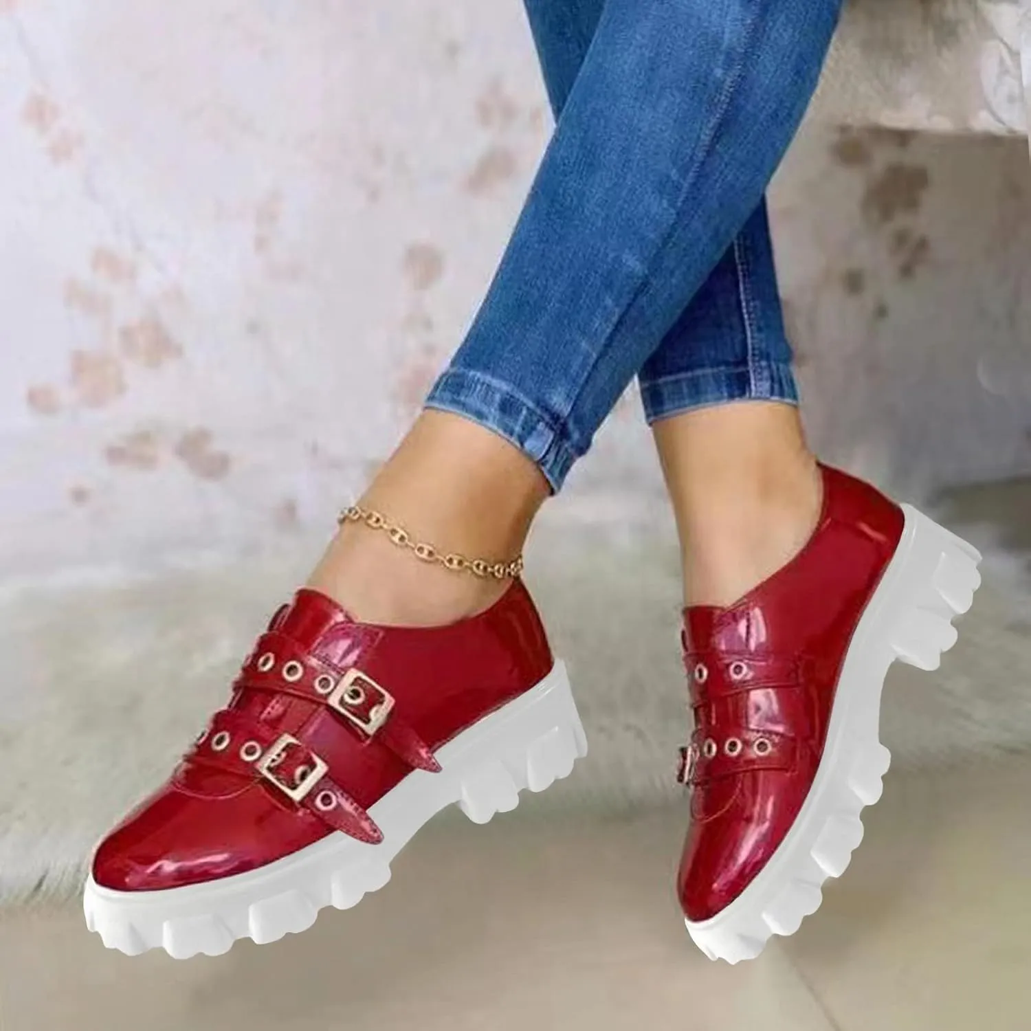 Hbeylia Platform Wedge Sneakers for Women Fashion Chunky Bottom Metal Buckle Breathable Slip On Dress Oxford Low Top Flats Walking Shoes Play Sneakers Loafers