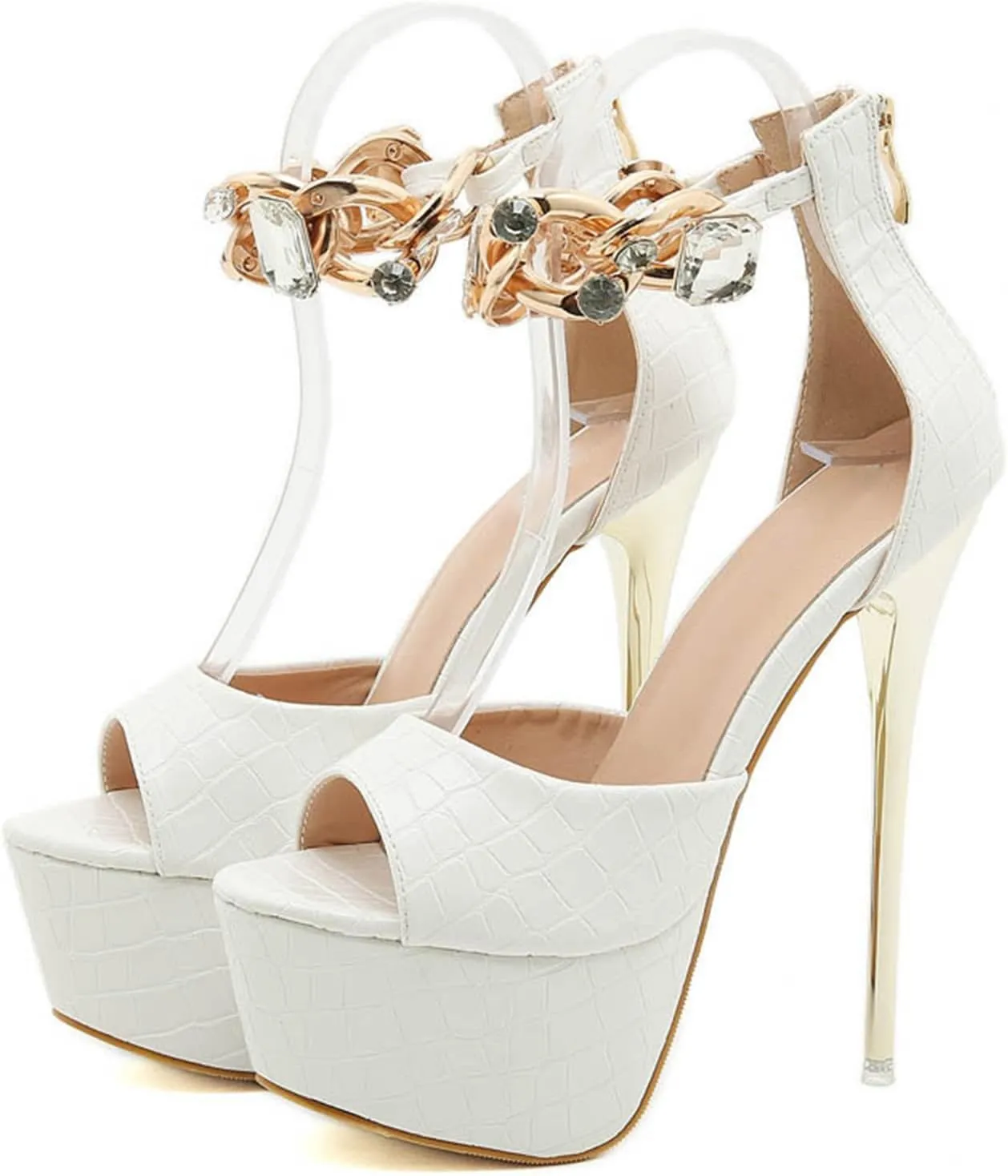Heels Sandals for Women, Women's Sandals, Sexy Rhinestones Open Toe Heeled Sandals with Zipper, Fashion Platform Stiletto High Heel Sandals, Dress Sandals, Summer Shoes, Wedding Shoes,White,40