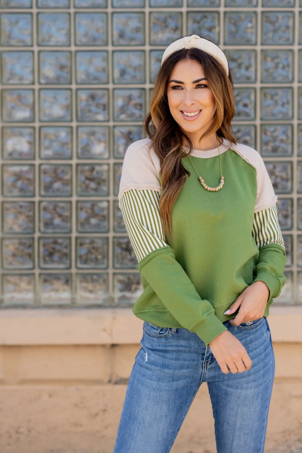 Hint Of Stripes Raw Stitched Crewneck