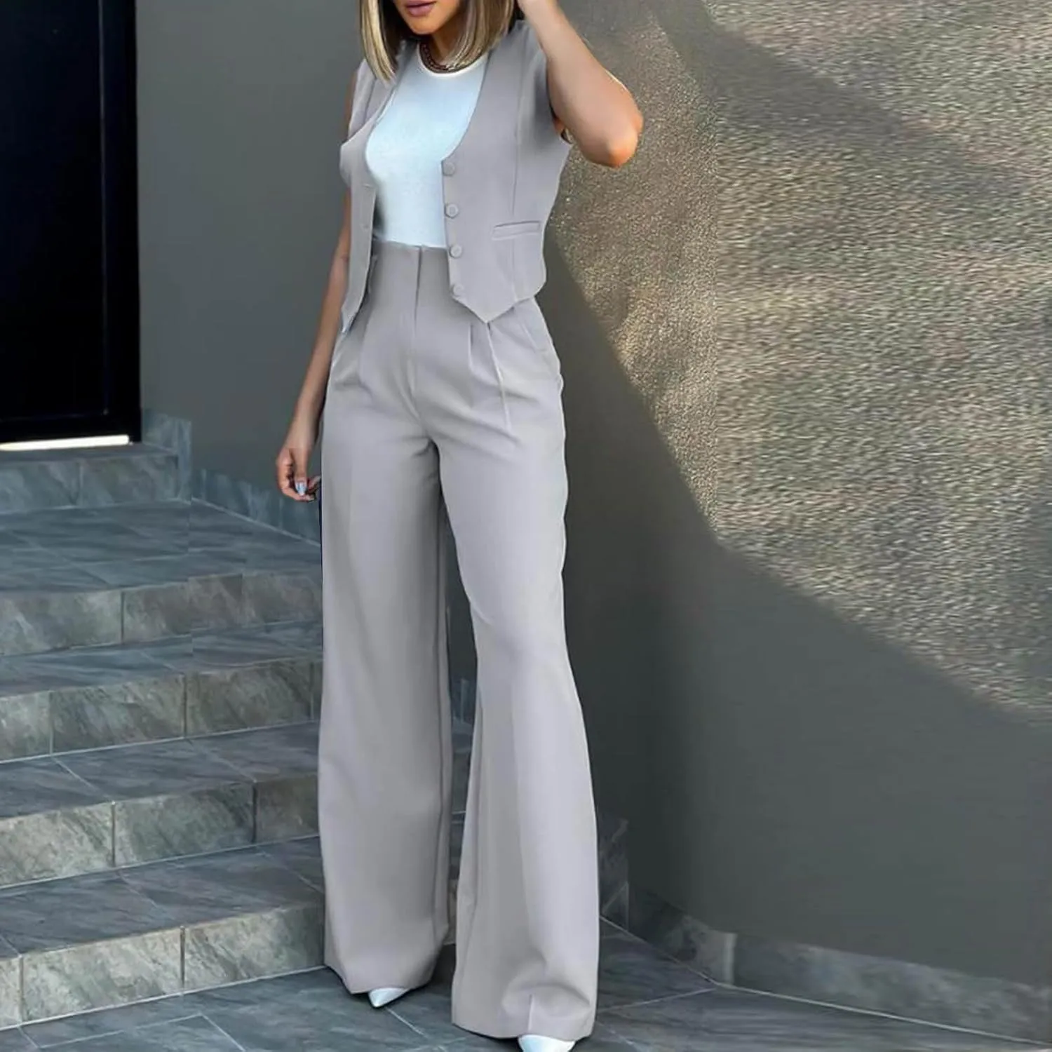hlysgo Blazer Sets Women 2 Piece Outfits Business Casual Sleeveless Crop Blazer Vest & Wide-Leg Pants Ladies Office Work Set