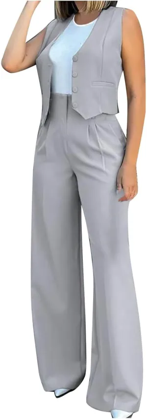 hlysgo Blazer Sets Women 2 Piece Outfits Business Casual Sleeveless Crop Blazer Vest & Wide-Leg Pants Ladies Office Work Set