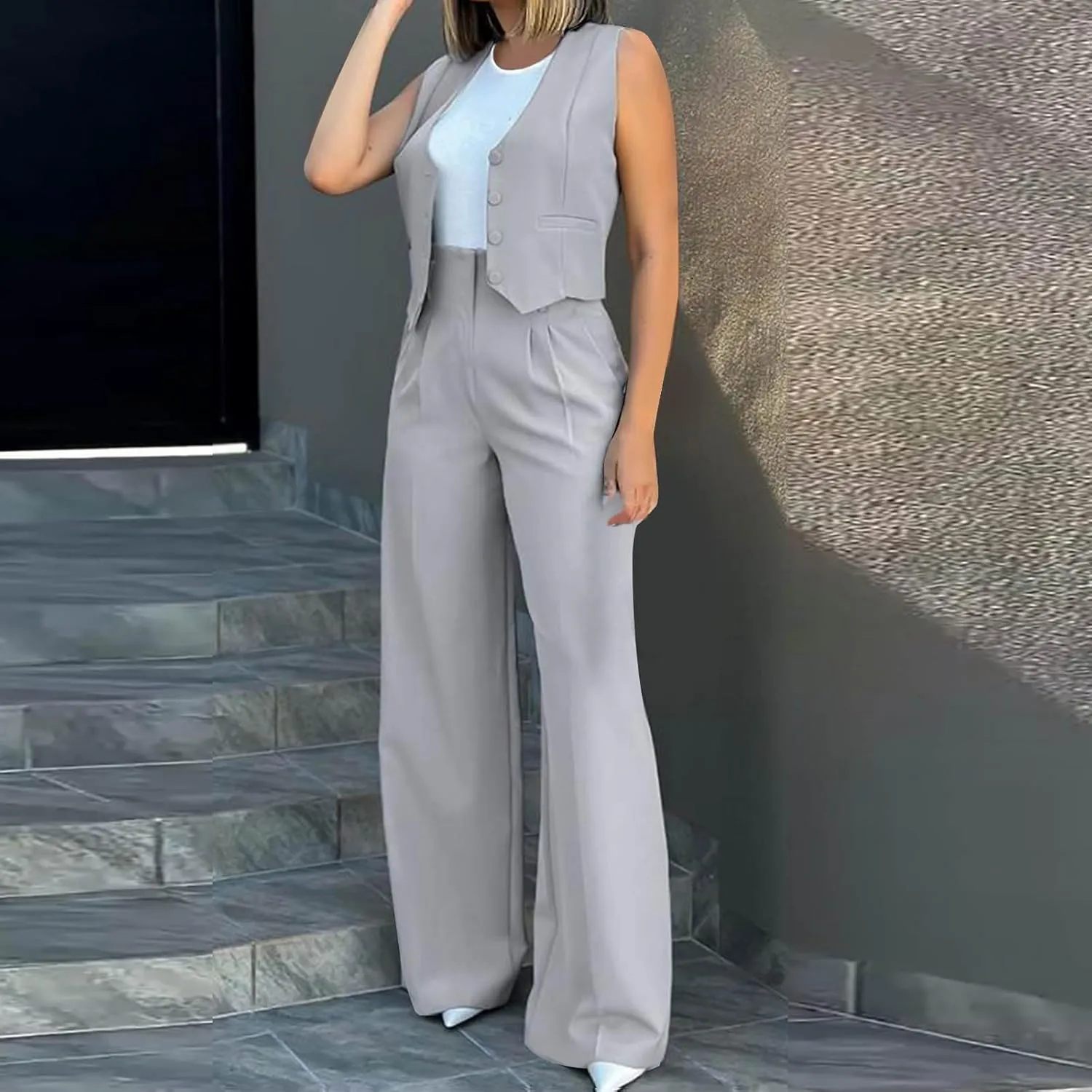 hlysgo Blazer Sets Women 2 Piece Outfits Business Casual Sleeveless Crop Blazer Vest & Wide-Leg Pants Ladies Office Work Set