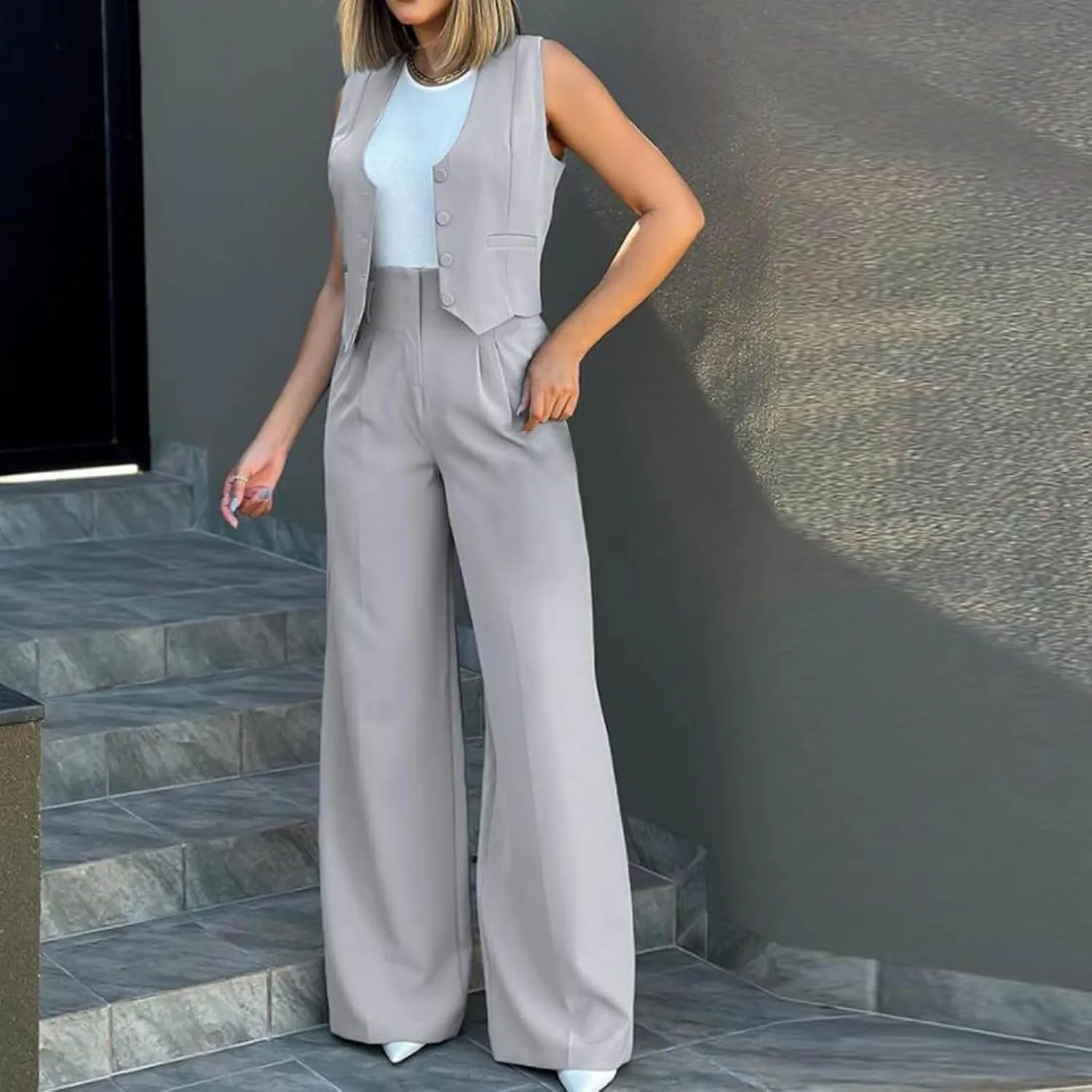 hlysgo Blazer Sets Women 2 Piece Outfits Business Casual Sleeveless Crop Blazer Vest & Wide-Leg Pants Ladies Office Work Set