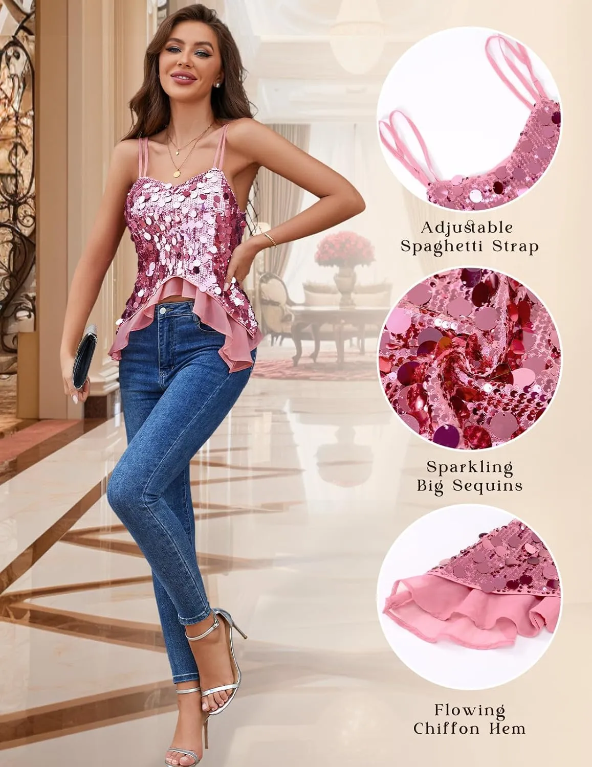 HomRain Sequin Tops for Women 2025 Sparkly Tank Tops Sexy V Neck Club Party Shining Top