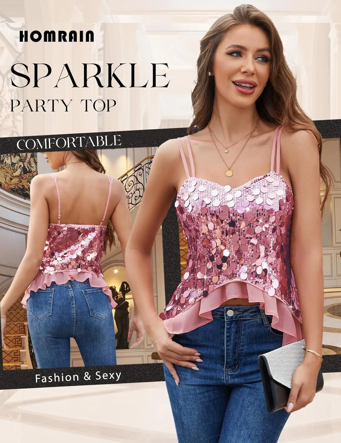 HomRain Sequin Tops for Women 2025 Sparkly Tank Tops Sexy V Neck Club Party Shining Top