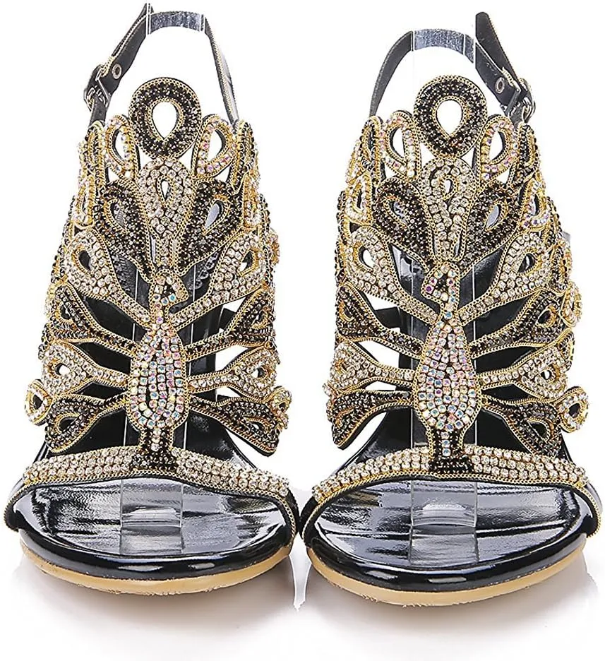 Honeystore Women's Rhinestone Peacock Patterned Handmade Sandals with Chunky Heel
