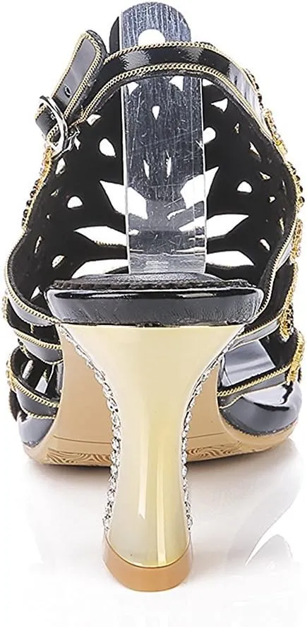 Honeystore Women's Rhinestone Peacock Patterned Handmade Sandals with Chunky Heel
