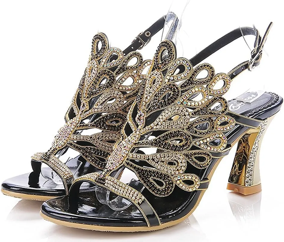 Honeystore Women's Rhinestone Peacock Patterned Handmade Sandals with Chunky Heel