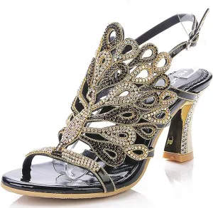 Honeystore Women's Rhinestone Peacock Patterned Handmade Sandals with Chunky Heel