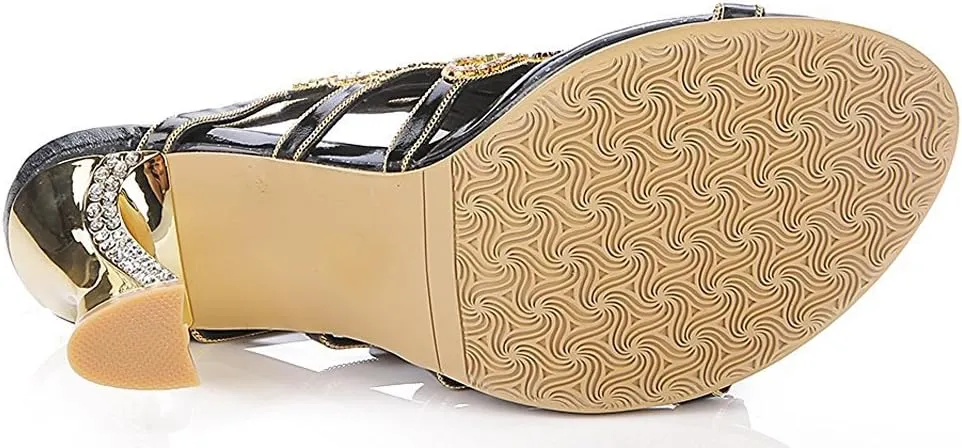 Honeystore Women's Rhinestone Peacock Patterned Handmade Sandals with Chunky Heel