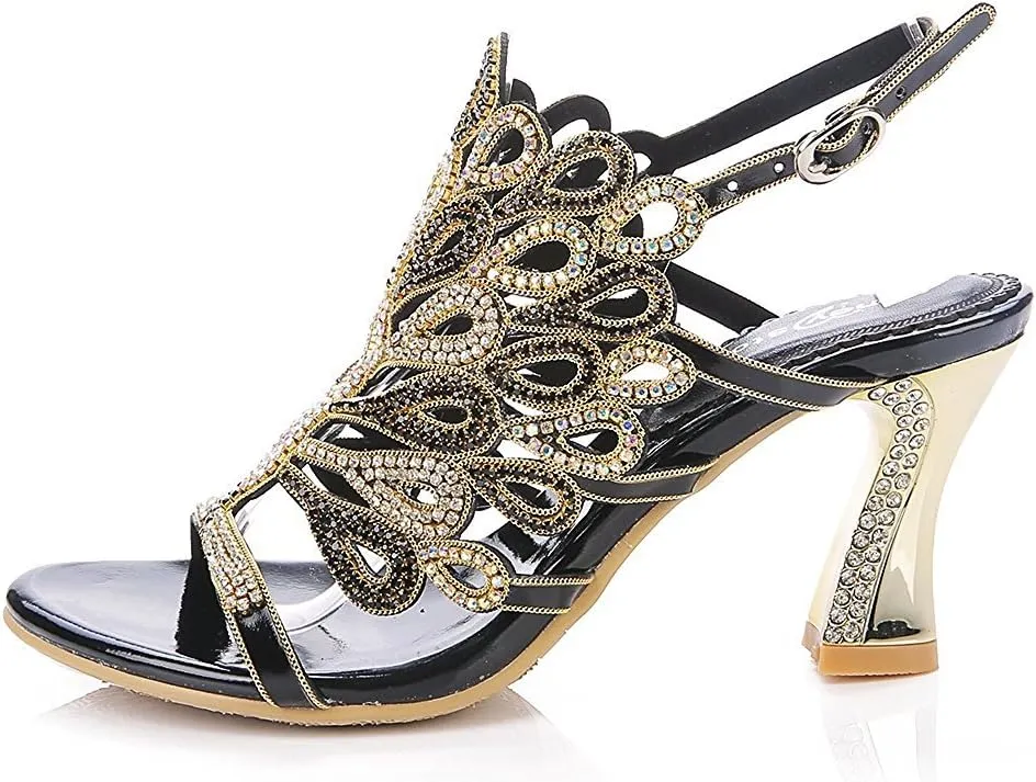 Honeystore Women's Rhinestone Peacock Patterned Handmade Sandals with Chunky Heel