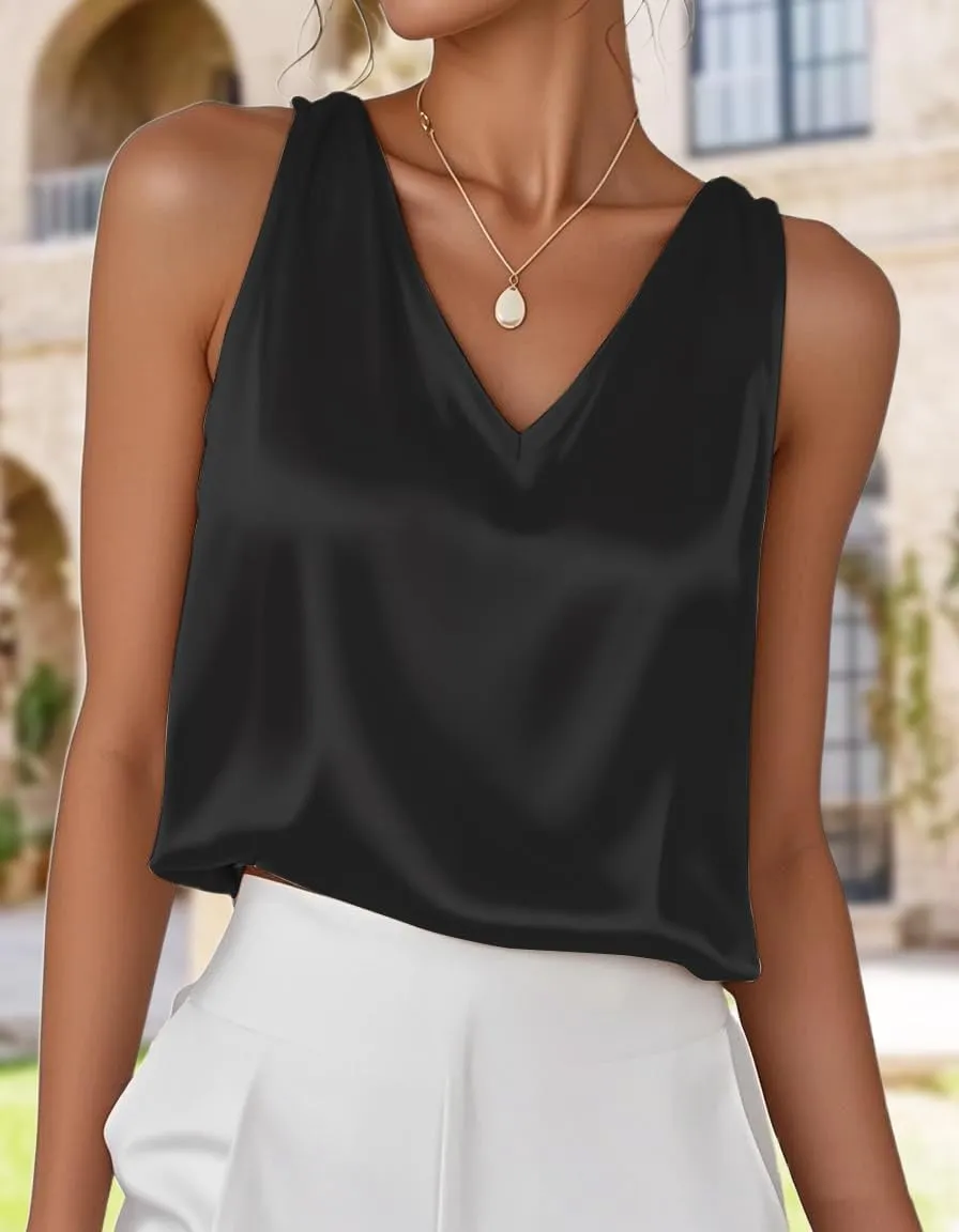 IDEALSANXUN Womens V Neck Stain Tank Tops Spring Summer Dressy Sleeveless Shirt Blouse Camisole