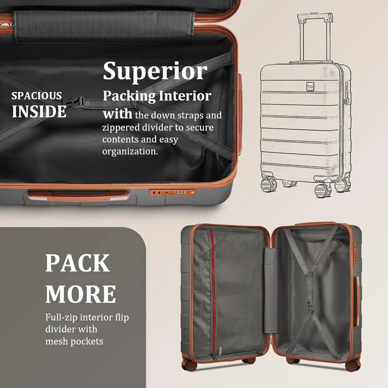 imiomo Hard Shell Luggage Sets 5 Piece for Women, Lightweight Hardside Rolling Suitcase Set with Spinner Wheels and TSA Lock, Grey