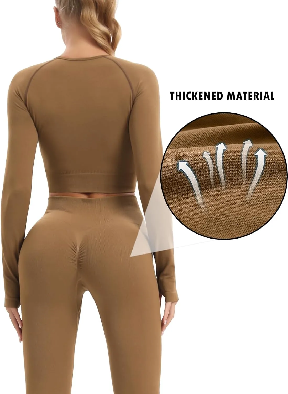 JOLLMONO Women Workout Sets 2 Pieces Long Sleeve Seamless Yoga Outfits Gym Clothes