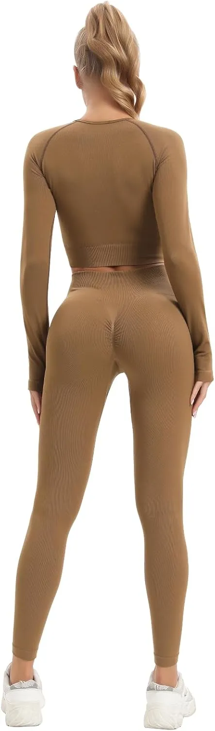 JOLLMONO Women Workout Sets 2 Pieces Long Sleeve Seamless Yoga Outfits Gym Clothes